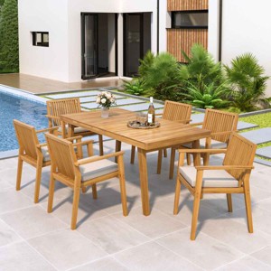 7 PCS Patio Dining Set with Dining Table, Slatted Top Design Table, Acacia Wood Frame Dining Chairs with Polyester Cushion Covers-Coolbibila - 1 of 4