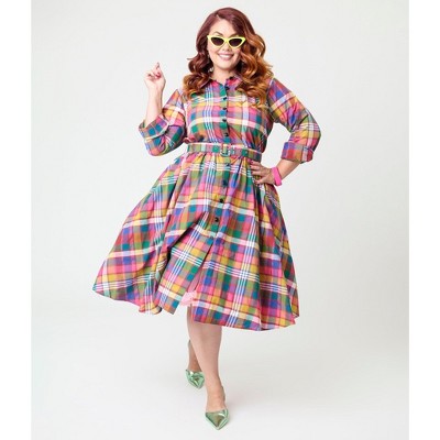 Unique Vintage Women's Plus Belted Cotton Shirt Dress