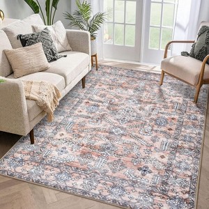 Washable Rug Vintage Living Room Rug Ultra-Soft Faux Wool Throw Carpet Non Slip Backing Oriental Floral Distressed Throw Carpet - 1 of 4