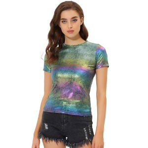 Allegra K Women's Party Metallic Short Sleeve Textured Shiny T-shirts - 1 of 4