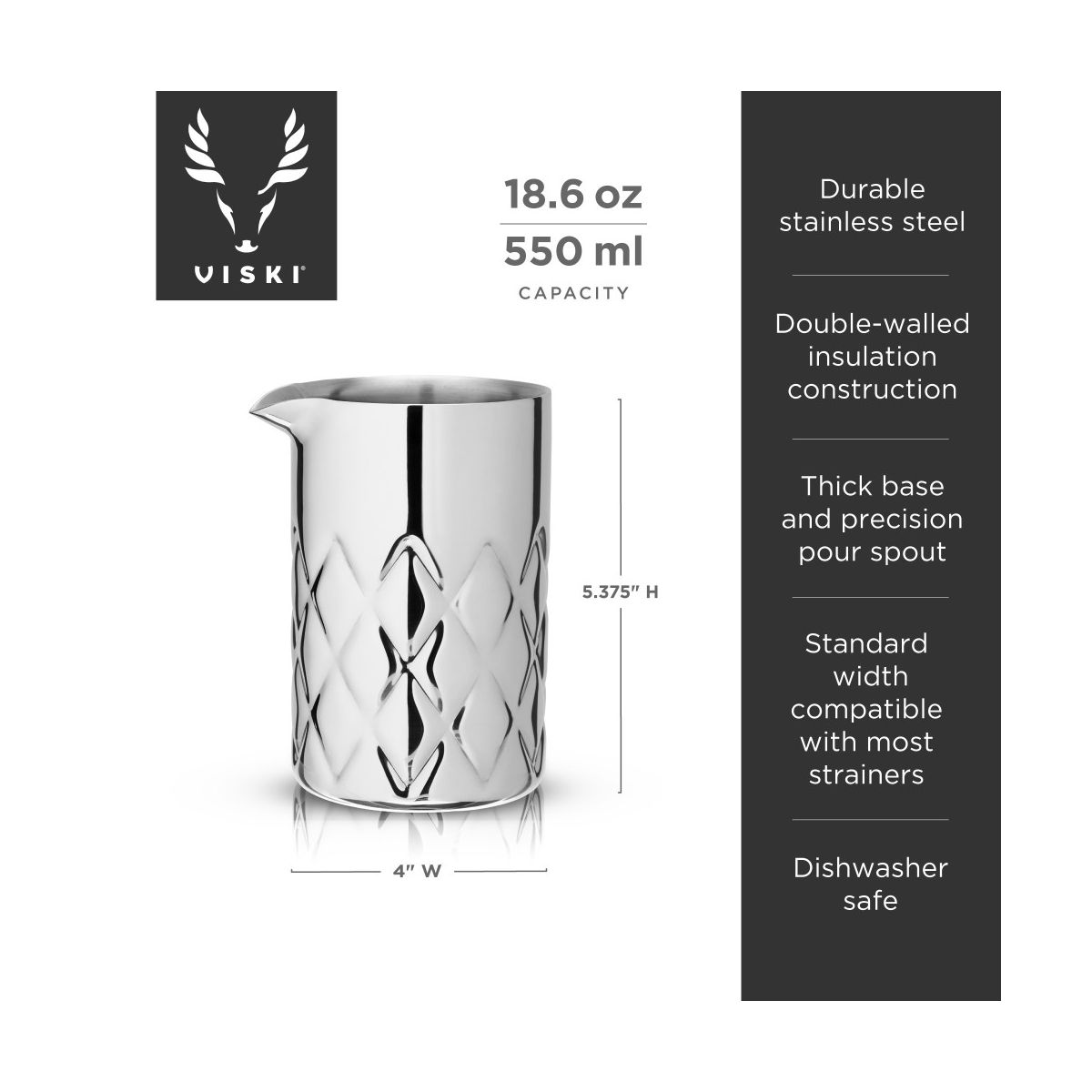 Viski Double Walled Stainless Steel Mixing Glass for Stirred Drinks, Martini, Rum and Tequila Cocktails, Gifts for Cocktail Lovers, Home Bar, 18.6 oz - thumbnail 4