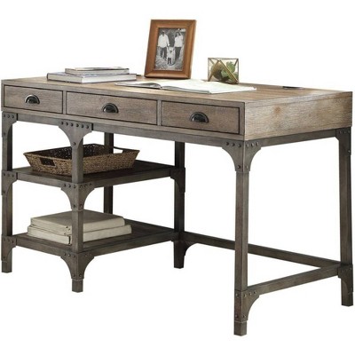 Wood and Metal Desk with 3 Drawers and 2 Side Shelves Brown/Gray - Benzara