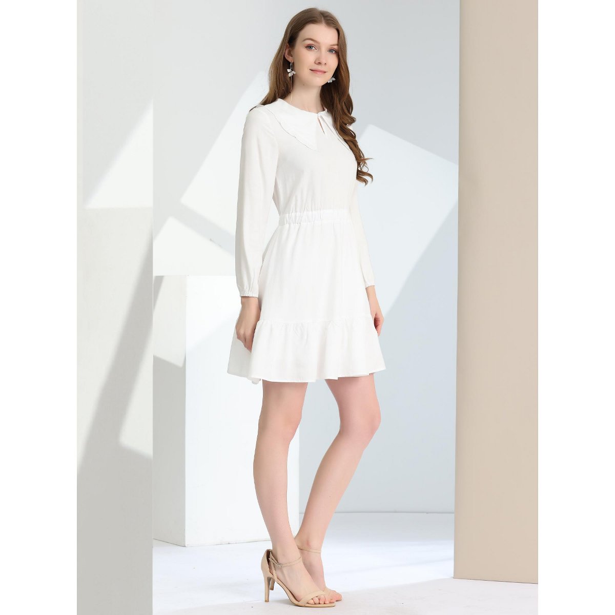 Женские платья INSPIRE CHIC Women's Casual Above Knee Ruffle Hem A-Line Long Sleeve Dress Small White — фото 4