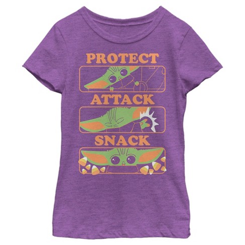 Girl's Star Wars: The Mandalorian Halloween Grogu Protect Attack Snack T-Shirt - image 1 of 4