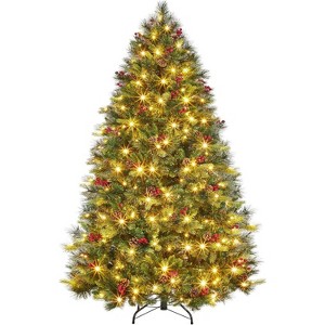 6FT Pre-lit Artificial Christmas Tree, Fluffy Fraser Fir with 350 Warm White Lights, 900 Hinged Branch Tips, Pine Cones & Berries, Holiday Decor - 1 of 4