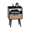 15.75" Rattan End table with drawer and solid wood legs, Modern nightstand,Black - 3 of 4