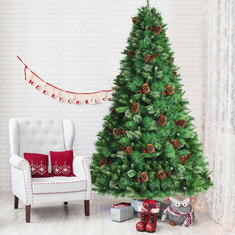 Tangkula 8ft Pre-Decorated Holiday Christmas Tree Unlit Artificial Pine Tree w/ Red Berries, 2 of 11