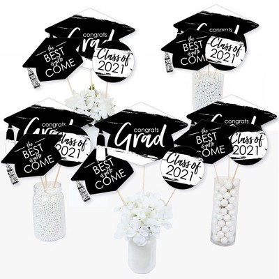 Big Dot of Happiness Black and White Grad - Best is Yet to Come - 2021 Black and White Grad Party Centerpiece Sticks - Table Toppers - Set of 15