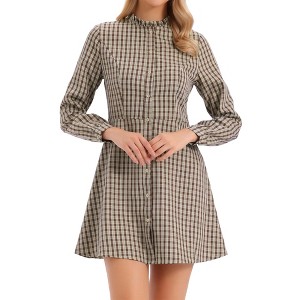 Allegra K Women's Vintage Check Plaid Ruffle Neck Button Down Long Sleeve A-Line Dress - 1 of 4