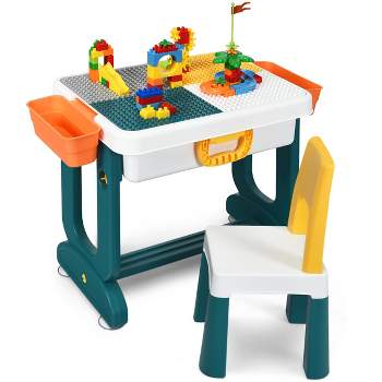 Tangkula Kids 5-In-1 Building Block Table w/Chair & Double-sided Table Top Children Drawing Table Best Gift for Kids