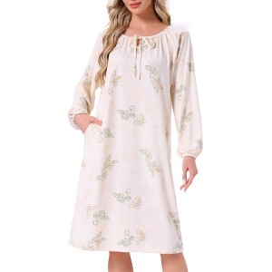 INSPIRE CHIC Womens Nightgown Floral Long Sleeve Pleated Elastic Puff Sleeve Cuff Midi with Pocket Sleepwear Nightdress - 1 of 4