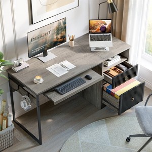 Bestier 55 Inch Office Desk with Drawers, Keyboard Tray, 2 Hooks, Modern Fluted Computer Desk for Home - 1 of 4