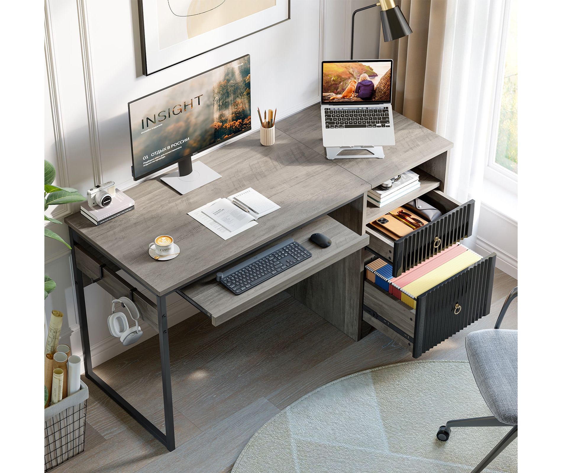 Bestier 55 Inch Office Desk with Drawers, Keyboard Tray, 2 Hooks, Modern Fluted Computer Desk for Home, Grey
