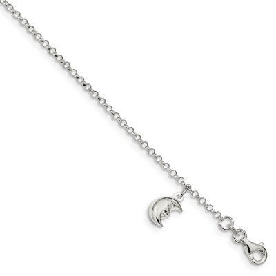 Black Bow Jewelry Sterling Silver Moon Dangle Charm And 1.5mm Rolo Chain Anklet 10-11 In