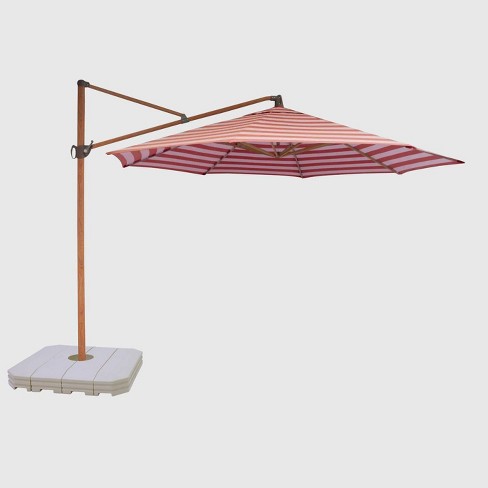 11 Offset Cabana Stripe Patio Umbrella Red Light Wood Pole Threshold Target