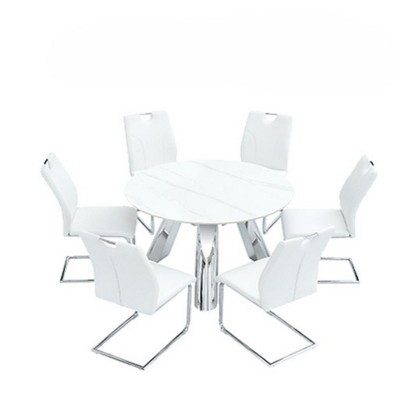 Infurnic Dining Sets Dining Table and Chair Set Mirror-polished Stainless Steel Base 6 Chairs Modern Luxury Round , White, 42"*42"*29.5"