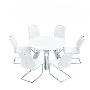 Infurnic Dining Sets Dining Table and Chair Set Mirror-polished Stainless Steel Base 6 Chairs Modern Luxury Round , White, 42"*42"*29.5" - 1 of 4