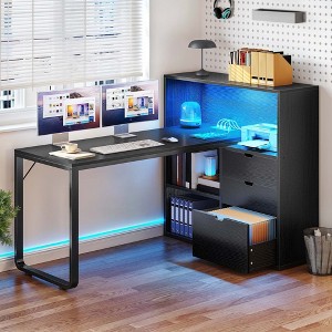L Shaped Desk Office Desk with 3 Drawers & Power Outlets LED 55in Corner Gaming Computer Table with Adjustable Shelf Black - 1 of 4