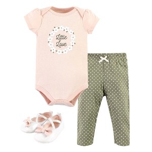 Hudson Baby Infant Girl Cotton Bodysuit, Pant and Shoe Set, Sage Floral Wreath Short Sleeve - 1 of 4