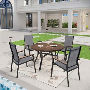 Captiva Designs 5pc Patio Dining Set Steel Frame Table with Umbrella Hole & Gray Textilene Chairs with Wood-like Armrests - 1 of 4