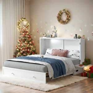 Mjkone Queen Murphy Bed Cabinet with Built-in Charging Station, Drawers, Folding Mattress for Bedroom Guest Room - 1 of 4