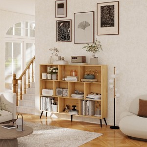 10 Cubes Wooden 3-Tier Open Shelf Bookcase with 5 Iron Legs Freestanding Storage Organizer for Home Office Living Room Bedroom, Oak - 1 of 4