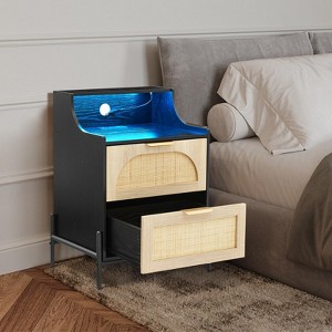 Rattan Nightstand, Modern Bedside Table with Led Lights and 2 Drawers, Black Nightstand with Charging Station, Wooden Bedside Table - 1 of 4