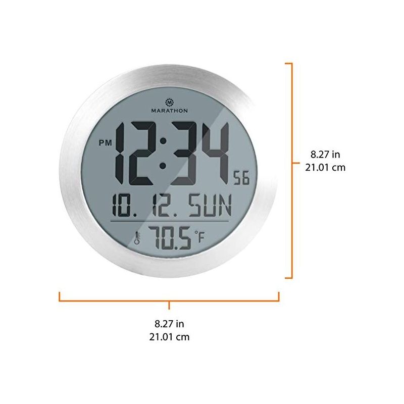 Marathon 10 Inch Round Sleek & Stylish Digital Wall Clock With Date & indoor Temperature, 2 of 7