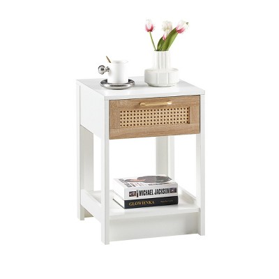 KTMBDW PE Rattan End Table with Drawer, Mid Century Modern Bed Side Table, Modern Nightstand, Side Table for Living Room, Bedroom