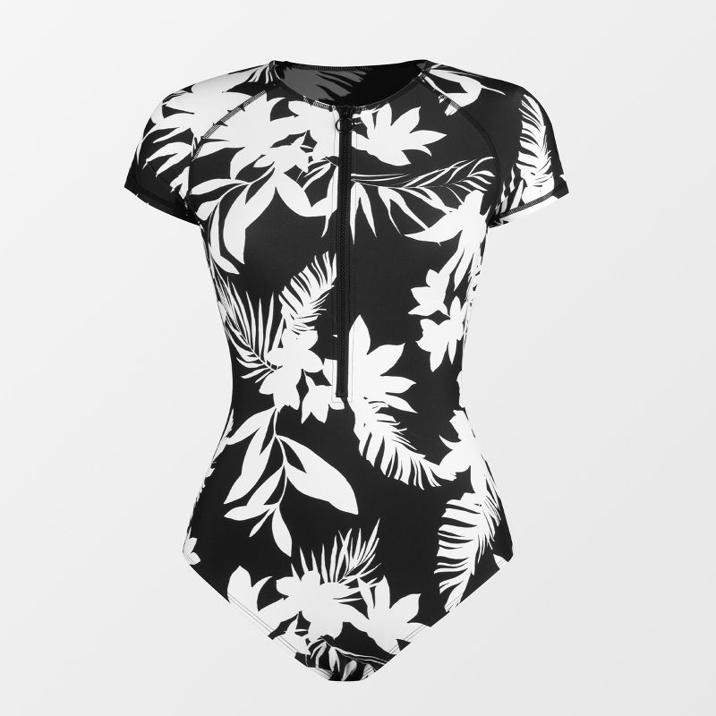 Women's Floral Short Sleeve Rash Guard Zipper Front One Piece Swimsuit - Cupshe, 6 of 7