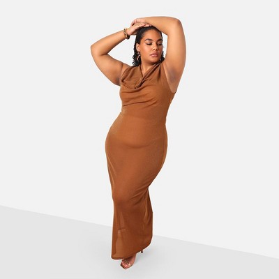 Rebdolls Women's Samira Sheer Glitter Mesh Cowl Neck Maxi Bodycon Dress