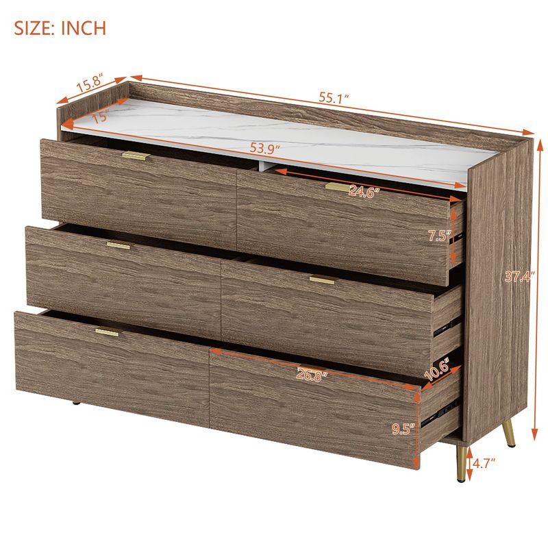55.1" 6 Drawer Dresser with Marbling Worktop, Mordern Storage Cabinet with Metal Leg and Handle - ModernLuxe, 3 of 9