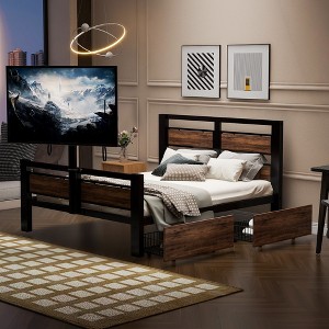 Whisen Metal Twin Size Platform Bed with Headboard, Footboard, Two Drawers and TV Stand - Black - 1 of 4