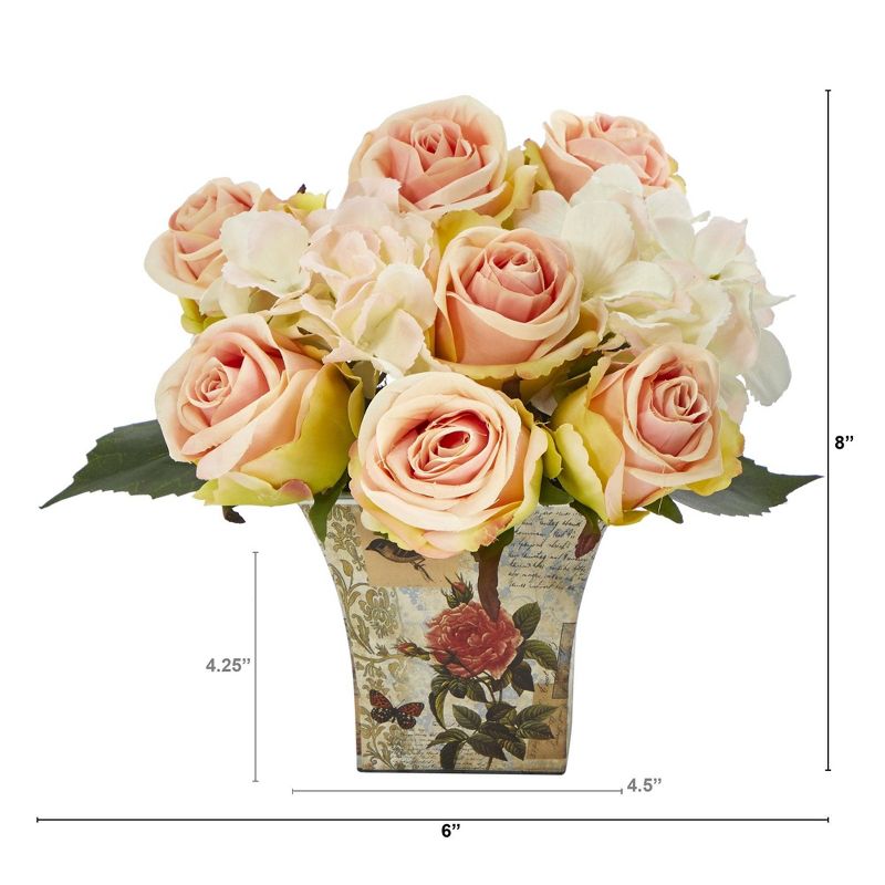 Nearly Natural 8-in Rose and Hydrangea Bouquet Artificial Arrangement in Floral Vase, 2 of 4