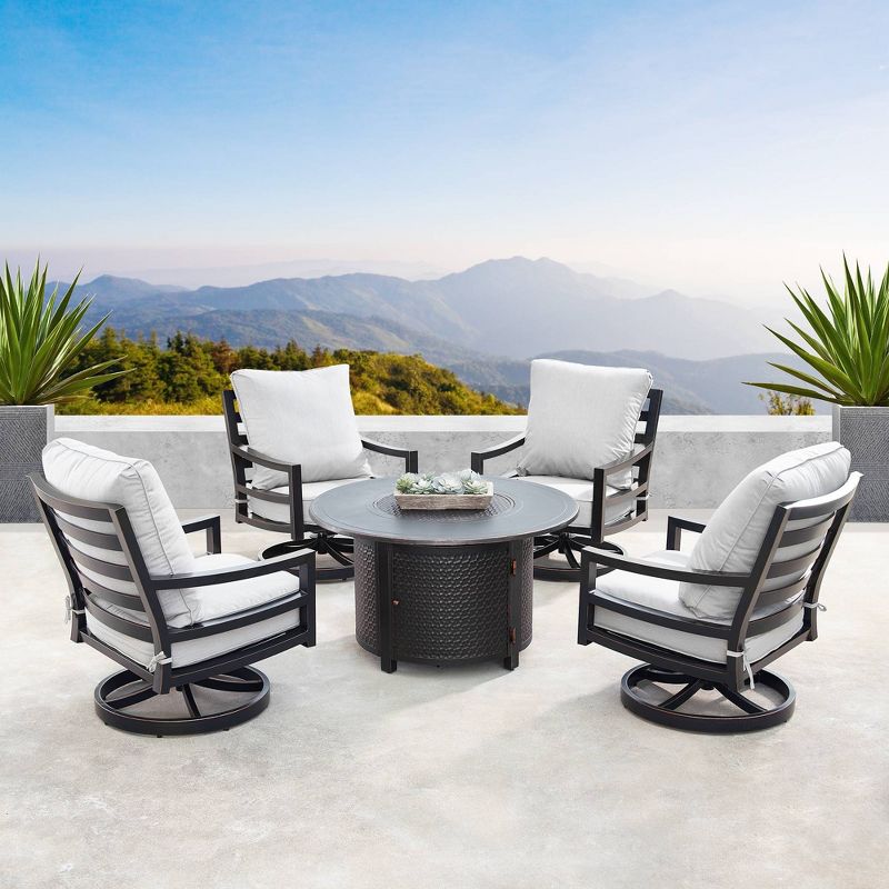 5pc Outdoor Fire Table Set with Hammered 44&#34; Round Fire Table, 4 Deep Seating Swivel Rocking Chairs &#38; Table Fabric Covers - Oakland Living, 3 of 18