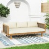 Outdoor 3 Seater Fabric Upholstered Sofa Bed,Acacia Wood Slat Panel Backrest Daybed,Rattan Armrests Patio Chaise Lounges-Coolbibila - 2 of 4