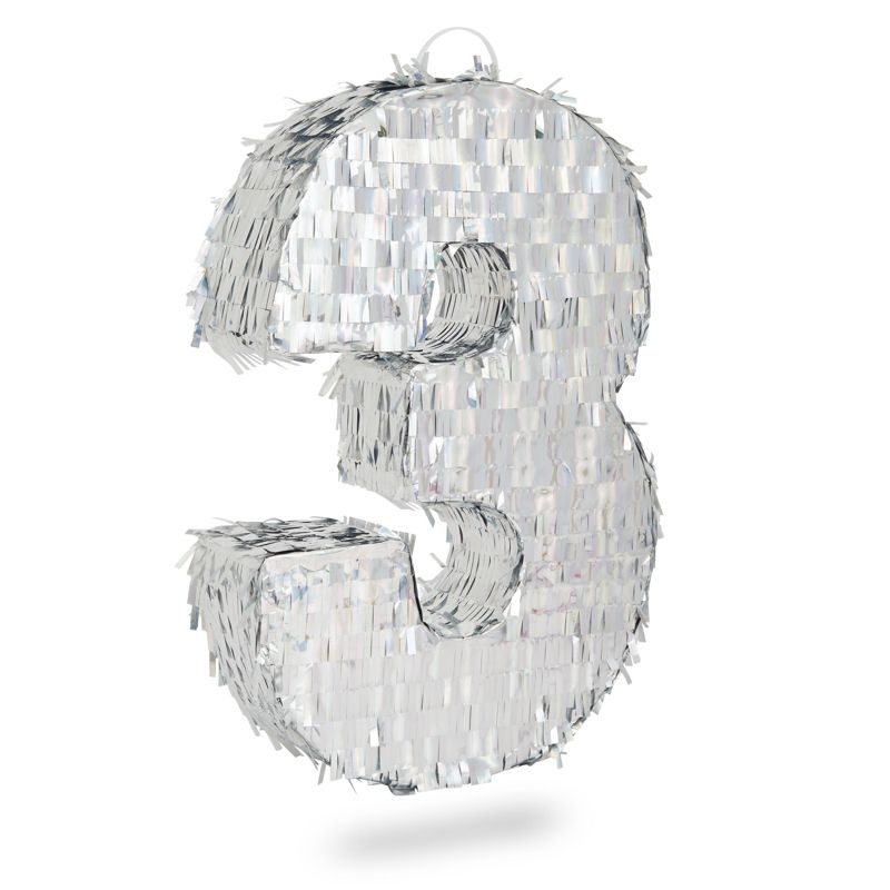 Blue Panda Small Silver Holographic Foil Number 3 Pinata for Kids 3rd Birthday Party Decorations, 16.5 x 11.5 in, 1 of 8