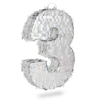 Blue Panda Small Silver Holographic Foil Number 3 Pinata for Kids 3rd Birthday Party Decorations, 16.5 x 11.5 in