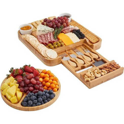 Bamboo Cheese Board with Cheese Tools, Cheese Plate Charcuterie Board  Platter Set Serving Tray for Wine Cracker Brie and Meat, Large Thick Wooden