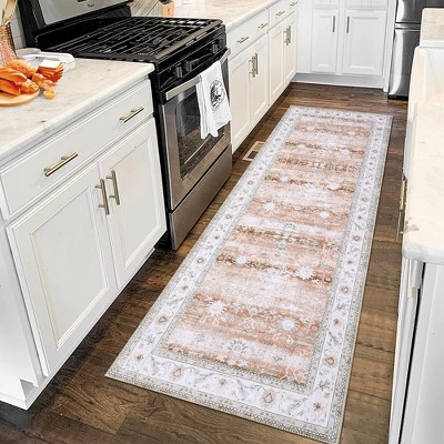 Persian Area Rug Floral Distressed Carpet Machine Washable Area Rug, 2' x 10' Pale Brown