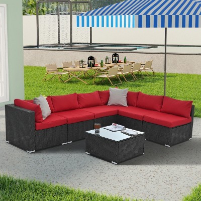 FIONECA PE Wicker Outdoor Furniture Set with Tempered Glass Coffee Table