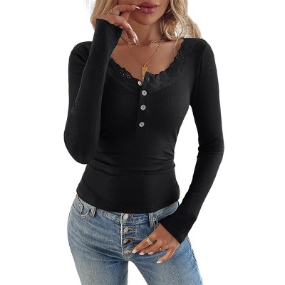 Womens Slim Fit Knit Tops Ribbed U Neck Basic Tops Embroidered Neckline Slim Fit Lace Tee Blouse