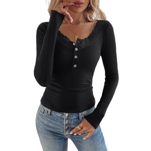 Womens Slim Fit Knit Tops Ribbed U Neck Basic Tops Embroidered Neckline Slim Fit Lace Tee Blouse - 1 of 4