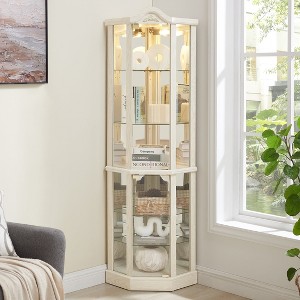 Lighted Glass Display Cabinet Corner Curio Cabinet with Adjustable Shelves Carved Decoration Wine Cabinet Perfect for Home or Office Use-WHITE - 1 of 4