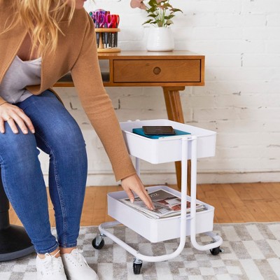 White Metal 2-Tier Rolling Utility Cart with Mesh Baskets