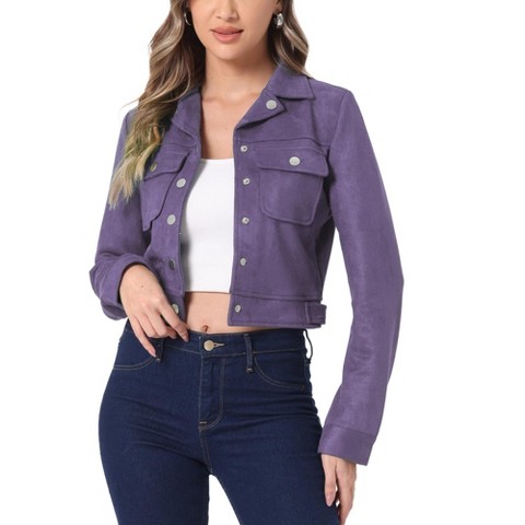 INSPIRE CHIC Women's Casual Faux Suede Notched Collar Button Up Cropped Jacket with Pockets Purple Small