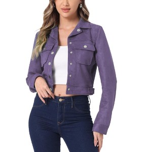 INSPIRE CHIC Women's Casual Faux Suede Notched Collar Button Up Cropped Jacket with Pockets - 1 of 4