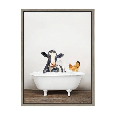 Gray Framed Canvas Print of Cow and Chicken in Bathtub, 18" x 24"