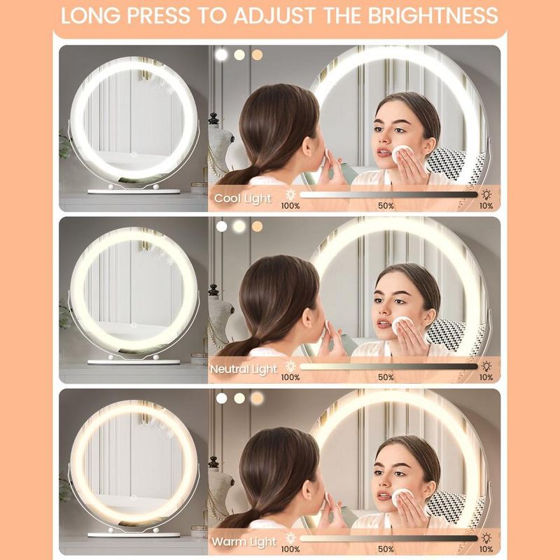 19 inch Vanity Mirror with Lights Smart Touch Control 3 Colors Dimmable Vanity Mirror, 360°Rotation Lighted Makeup Mirror, 5 of 9