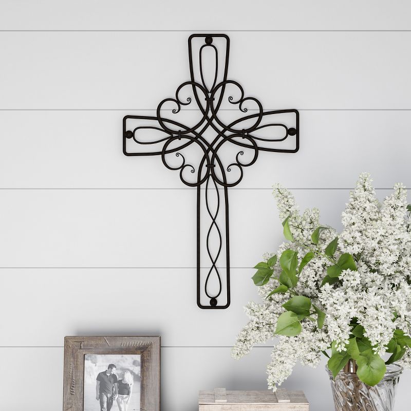 Metal Wall Cross with Decorative Floral Scroll Design- Rustic Handcrafted Religious Wall Art for Decor in Living Room, Bedroom, More by Hastings Home, 2 of 8